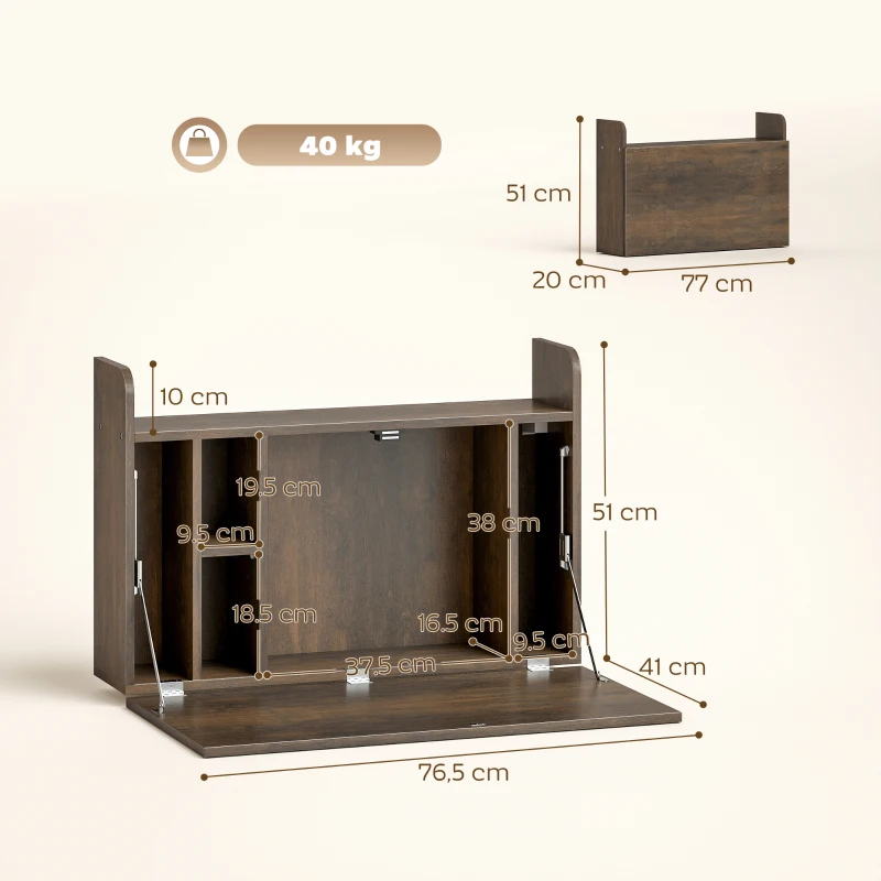 HOMCOM Wall Mounted Desk, Drop Leaf Floating Laptop Desk with Space Saving Storage Compartments for Home Office, Dark Brown