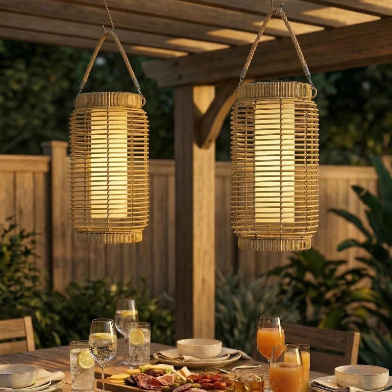 Outsunny Set de 2 Lampadare Exterioare Solare din Rășină Împletită, Lumină LED de Grădină din Oțel, Pornire/Oprire Automată Bej nisip