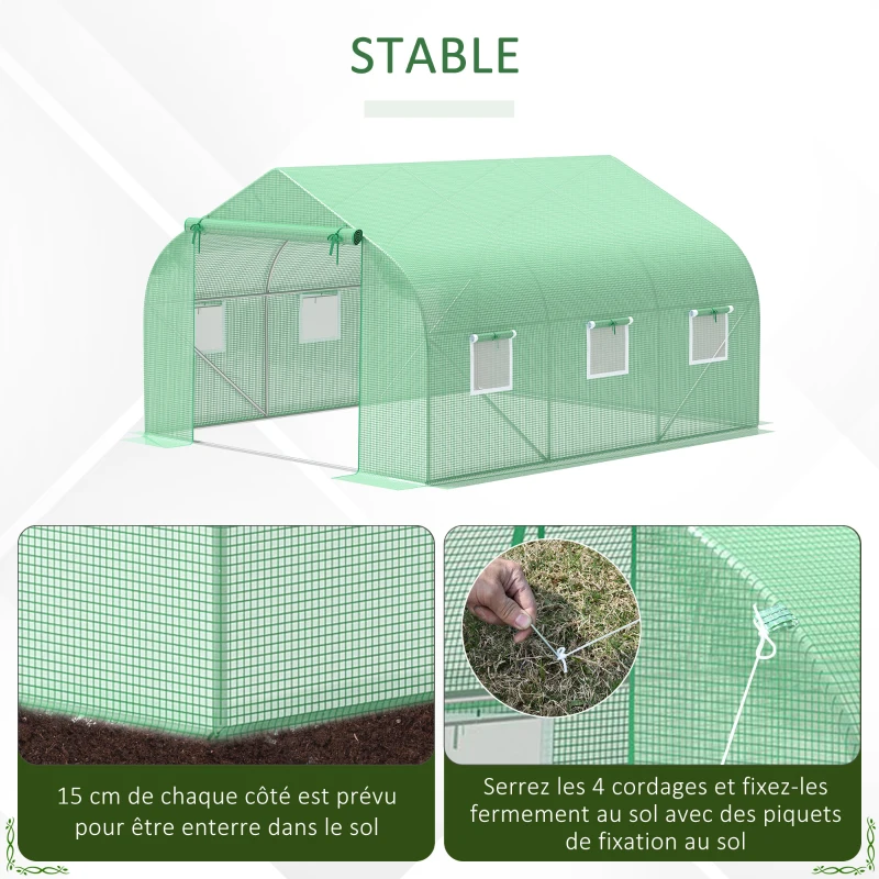 Outsunny Garden Tunnel Greenhouse 10.5 m² dim. 350L x 300l x 200H cm Door + 6 roll-up windows Galvanized steel HDPE cover Green