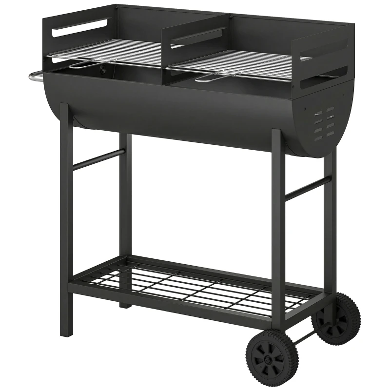 Outsunny Grătar pe cărbune cărucior cu 2 zone de gătit grilă reglabilă pe înălțime raft pentru lemne roți mâner lateral, 103 x 46,5 x 100cm