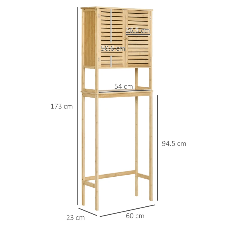 kleankin Toilet Shelf Bathroom Cabinet Over-Toilet Unit with 2-Door Cupboard and Open Shelf 60 x 23 x 173 cm Bamboo