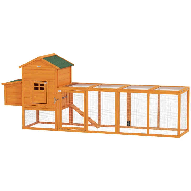 PawHut Poulailler en bois poulailler pour poules extérieur avec pondoir bac amovible en bois massif 297,5 x 68 x 118 cm orange