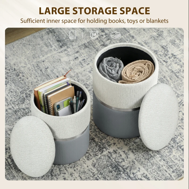 HOMCOM Nesting Round Ottoman with Storage Set of 2 - Cream/Grey