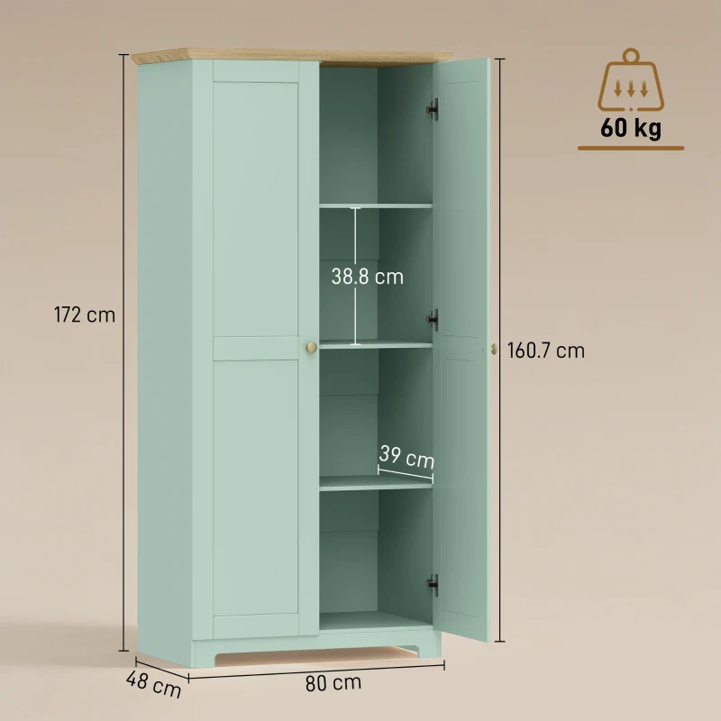 HOMCOM Kitchen Cupboard, 172cm Freestanding Storage Cabinet with Doors and Shelves, Light Green