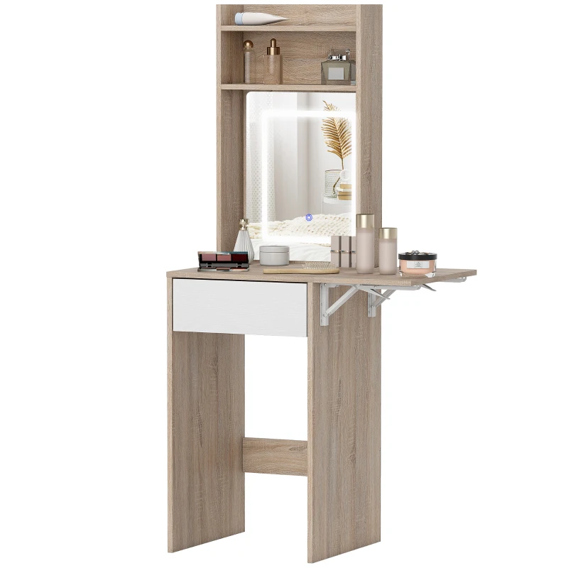 HOMCOM Small Vanity Desk with Mirror and LED Lights, Compact Dressing Table with Drop Leaf, Open Shelves, Natural Wood