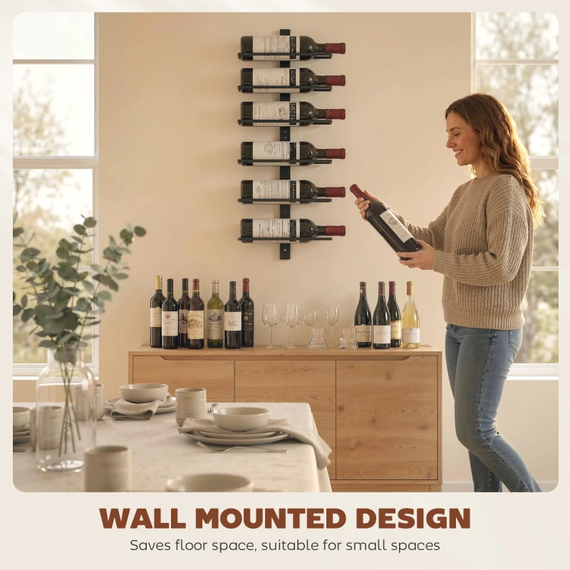 HOMCOM Wall Mounted Wine Rack, 6 Tier Metal Wine Display Rack, Storage Holder for Kitchen, Black