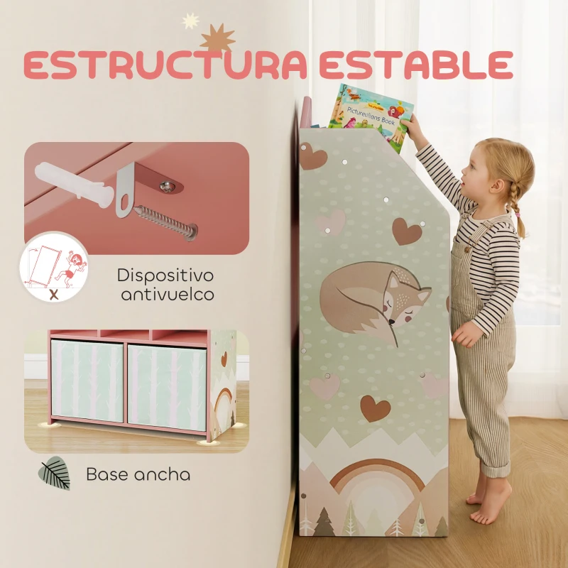 AIYAPLAY Estantería Infantil para Juguetes con Cajones de Tela Estantes Abiertos Diseño de Zorros Organizador de Juguetes Rosa
