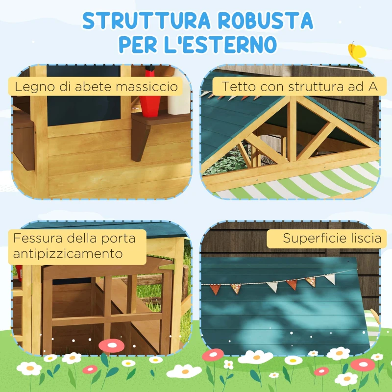 AIYAPLAY Casetta per Bambini 3-8 Anni con 5 Finestre e 2 Lavagne, in Legno di Abete, 173x117x144 cm, Marrone e Blu
