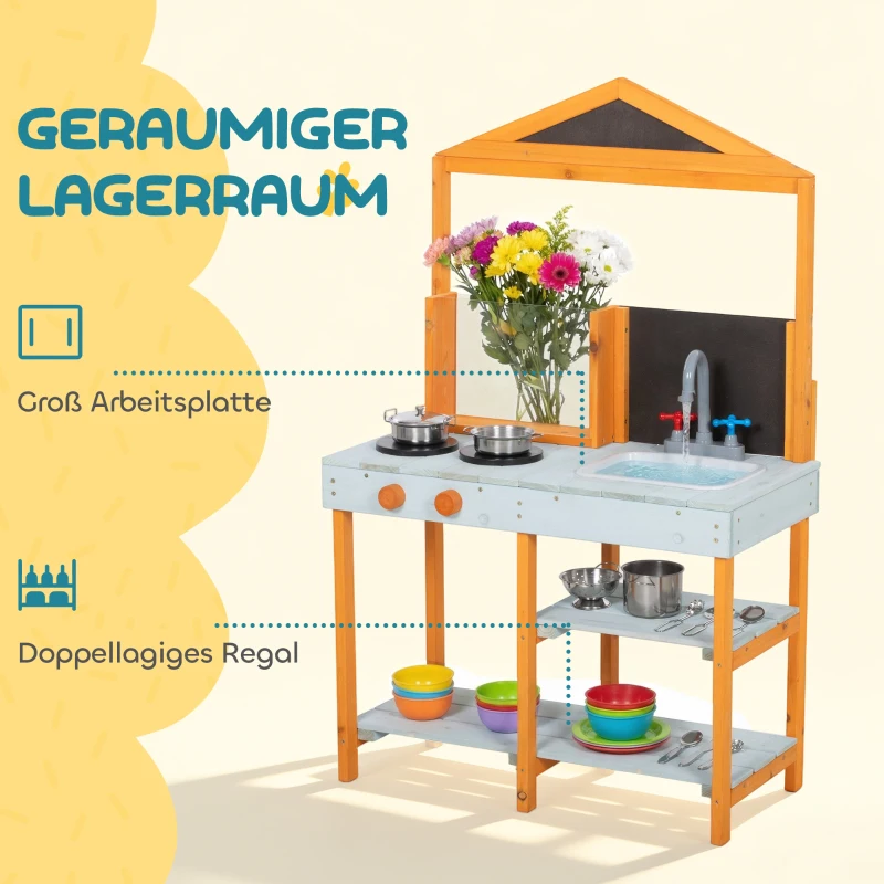 AIYAPLAY Matschküche Kinder Outdoor Spielküche Holz mit Herd Abnehmbarer Spüle Regalen für Kinder von 3-8 Jahren, Hellblau