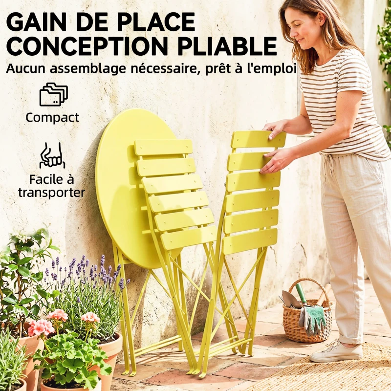 Outsunny Ensemble Bistrot de Jardin 3 Pièces Table et 2 Chaises Pliantes à Lattes Double Protection Antirouille Jaune
