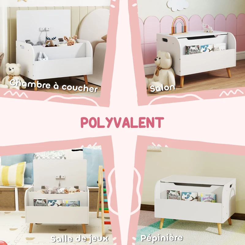 AIYAPLAY Coffre à jouet enfant, coffre de rangement enfant, couvercle rabattable et compartiment ouvert, 60x40x43cm, blanc