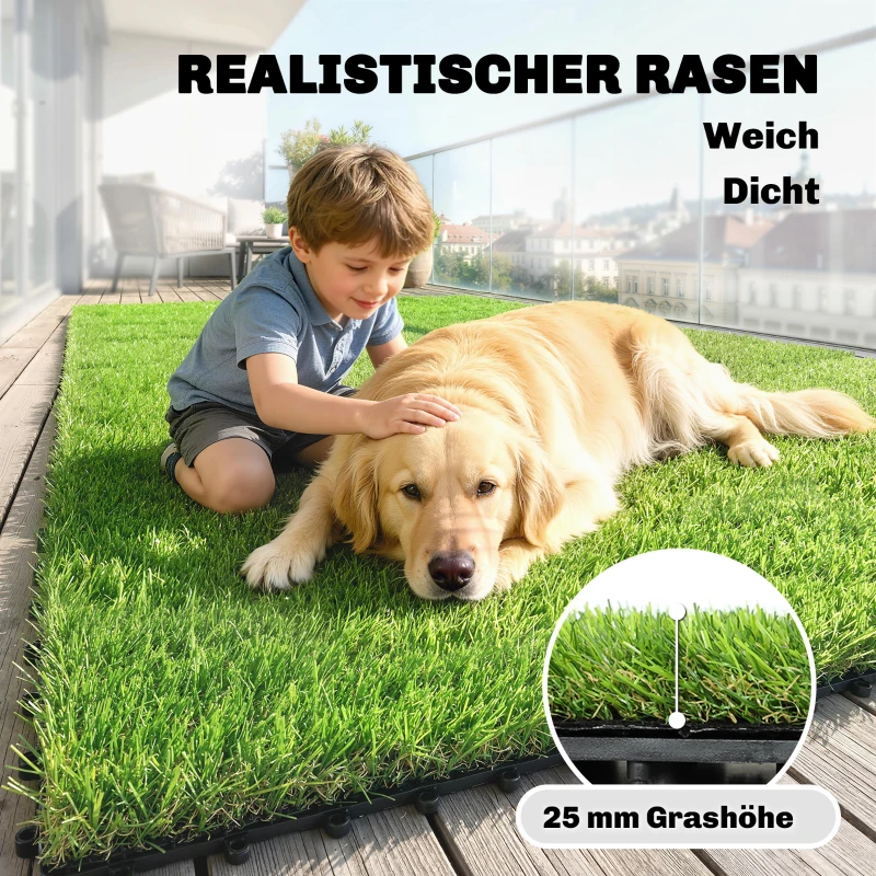 Outsunny 22er Set Kunstrasen Fliesen 30x30 cm Rasenfliesen mit Drainagesystem, 2m² Rasenteppich Kunststoff Grasmatte