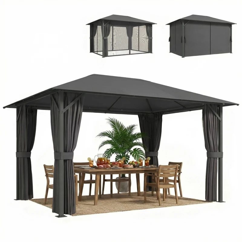 Outsunny Pavillon ca. 4x3m Wasserabweisend Stabil Winterfest Gartenpavillon mit Moskitonetz 4 Seitenteile Lüftung Drainagelöchern