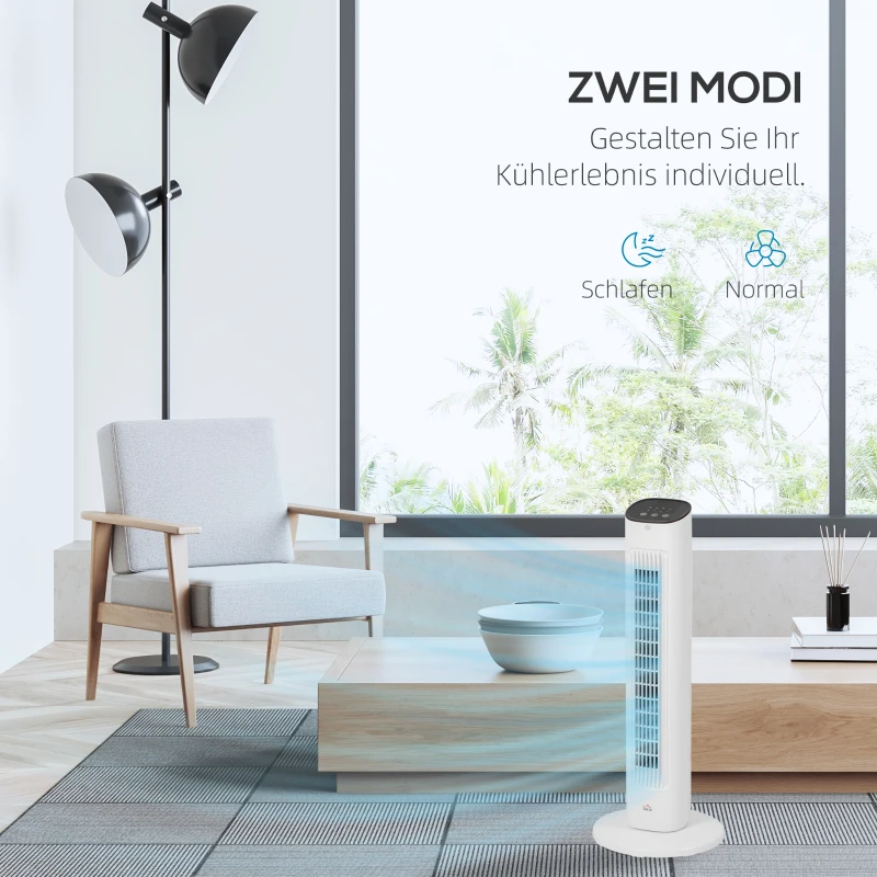 HOMCOM 85° oszillierender Turmventilator mit Fernbedienung 3 Geschwindigkeiten 2 Modi Timer LED-Display 30x30x78 cm Weiß