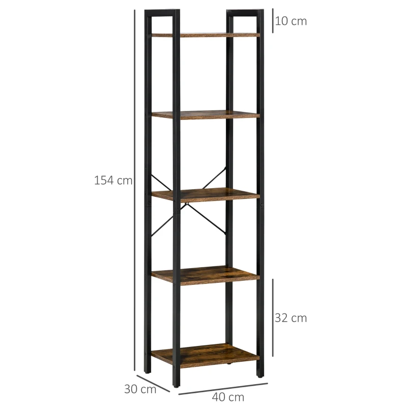 HOMCOM Industrial Style Bookcase H154 cm 5 Shelves Black Steel Particleboard Aged Wood Look