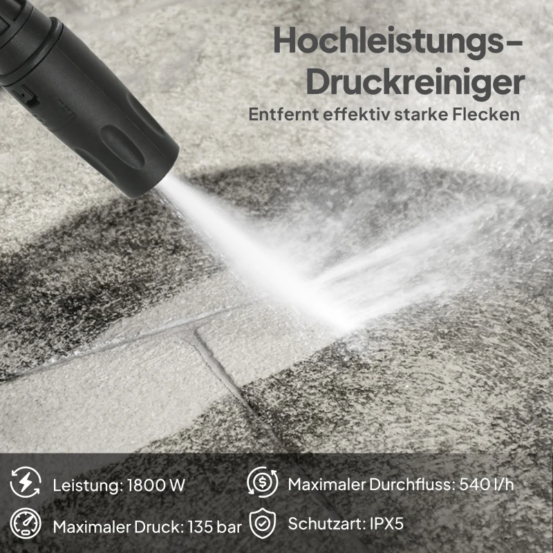 Outsunny Hochdruckreiniger mit Aluminiumpumpe 135 bar Maximaldruck 1800W Leistung 540 L/h 5m Schlauch verstellbare Düse & Griffe