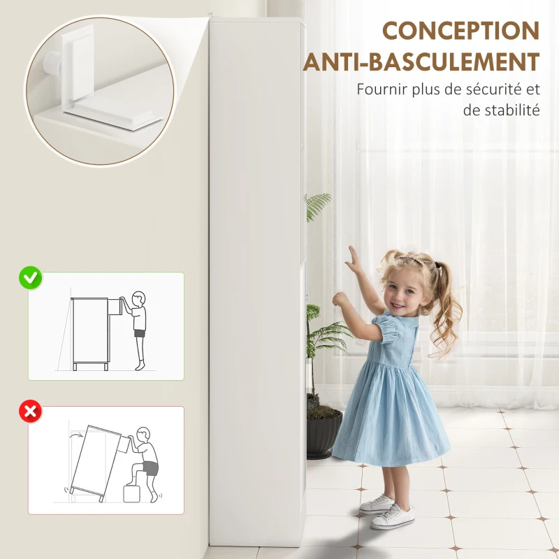 kleankin Meuble colonne salle de bain avec miroir, meuble de rangement à 6 niveaux 2 portes étagères réglables 32x28x162cm blanc