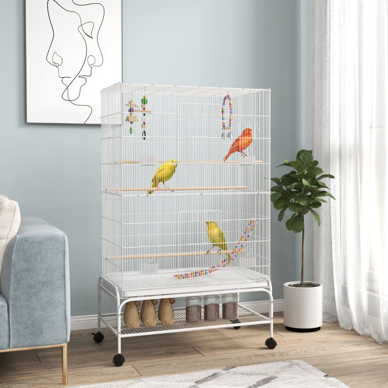 PawHut Cage à oiseaux sur pieds roulettes avec 4 mangeoires et 3 perchoirs 79 x 49 x 133 cm blanc