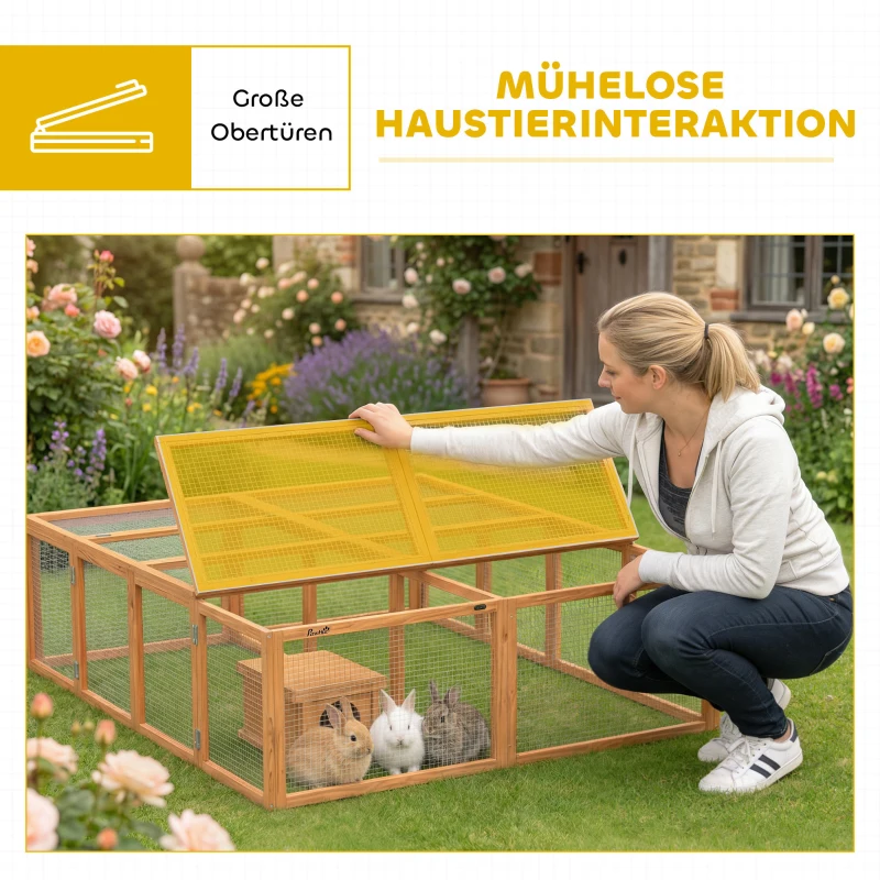 PawHut Freilaufgehege Kaninchenstall aus Holz mit 2 Türen Unterschlupfhaus für 2-4 Zwergkaninchen 180,4 x 150 x 48 cm Orange