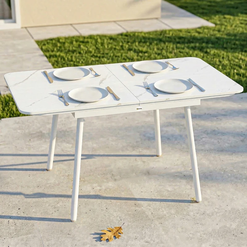 Outsunny Mesa de Jardín Rectangular para 4-6 Personas, Tablero en WPC y Estructura de Metal, Patas Regulables, 140x80x75cm, Blanco