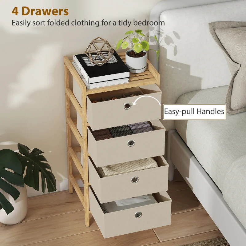 HOMCOM Chest of Drawers, 4 Fabric Drawers Narrow Dresser with Bamboo Frame, Cream White