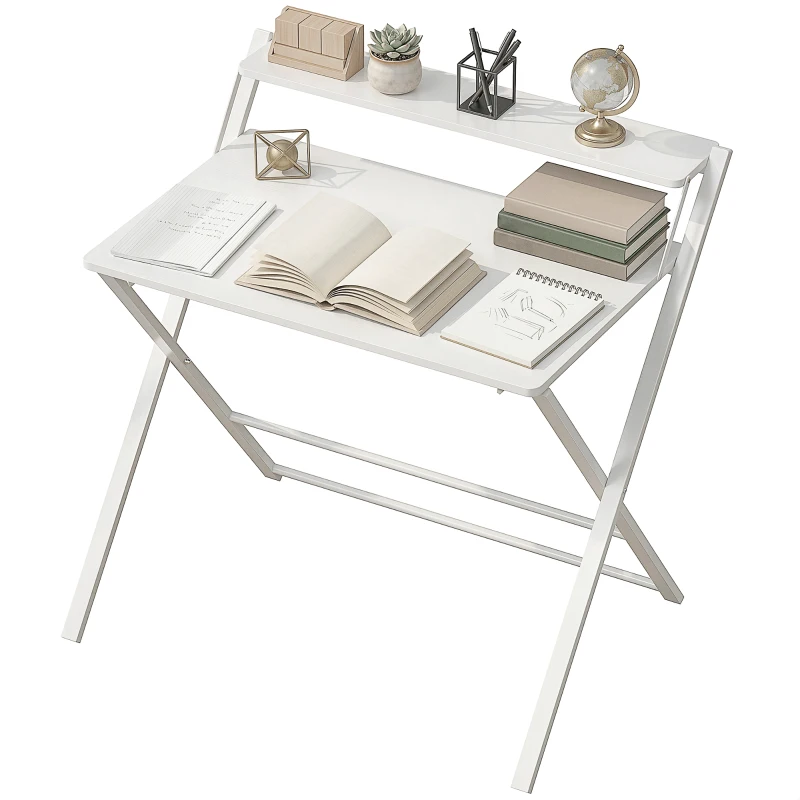 HOMCOM Compact Folding Desk for Small Spaces with Storage Shelf for Home Office, White