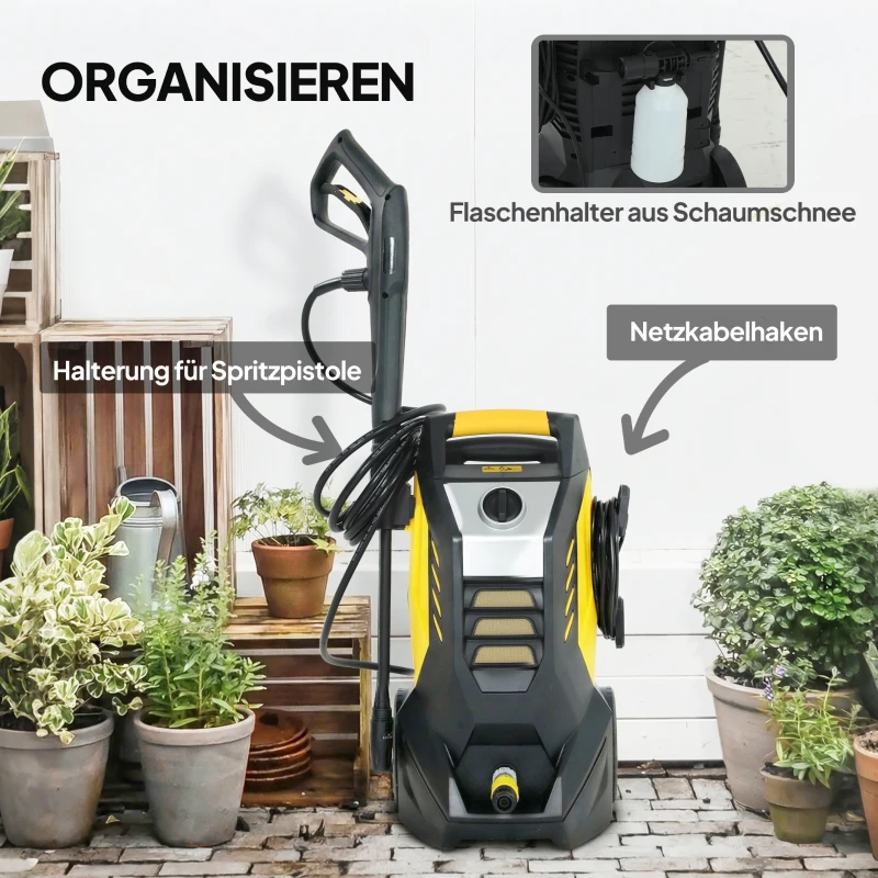 Outsunny Hochdruckreiniger mit Aluminiumpumpe 135 bar Maximaldruck 1800W Leistung 540 L/h 5m Schlauch verstellbare Düse & Griffe