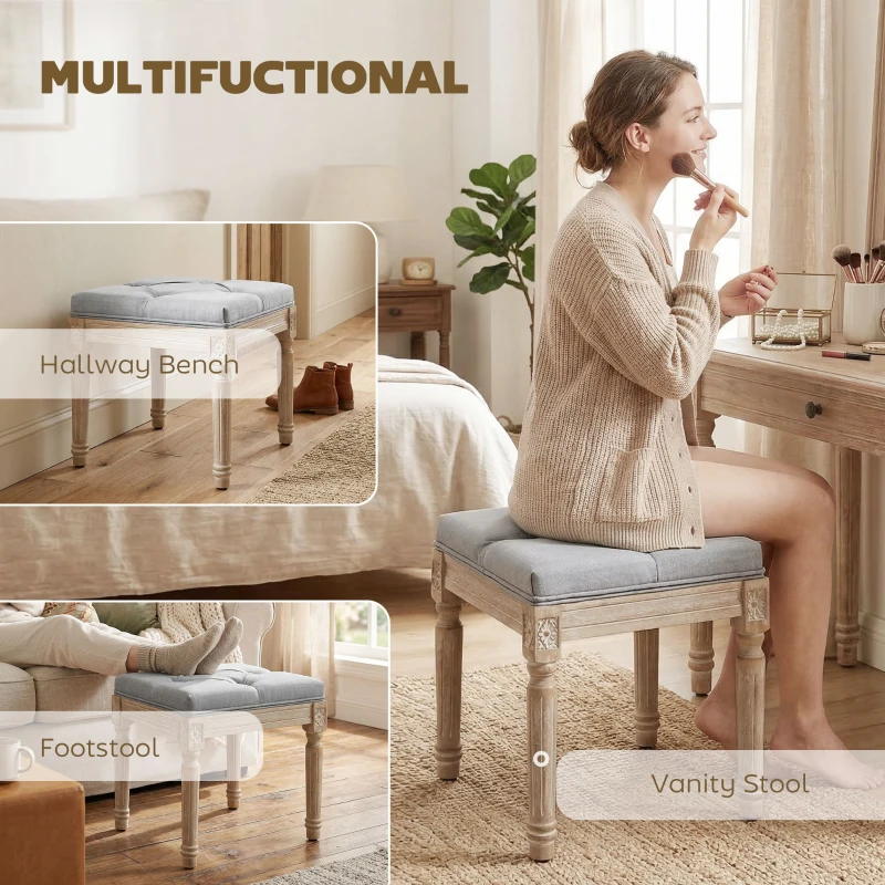 HOMCOM Vintage Foot Stool, Tufted Square Footrest with Wood Legs, Light Grey