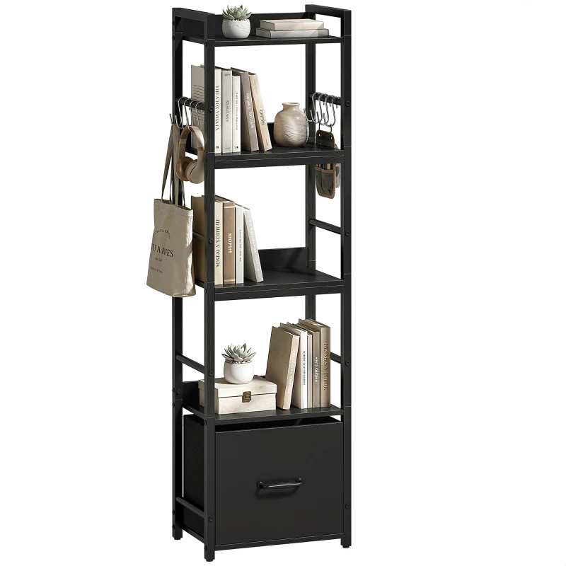 HOMCOM 4-Tier Bookshelf, Narrow Bookcase with Drawer, 8 Hooks, Metal Frame, Black