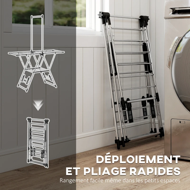 HOMCOM Séchoir à linge étendoir pliable, ailes réglables 5 niveaux, 4 supports à chaussures, acier inoxydable, argenté