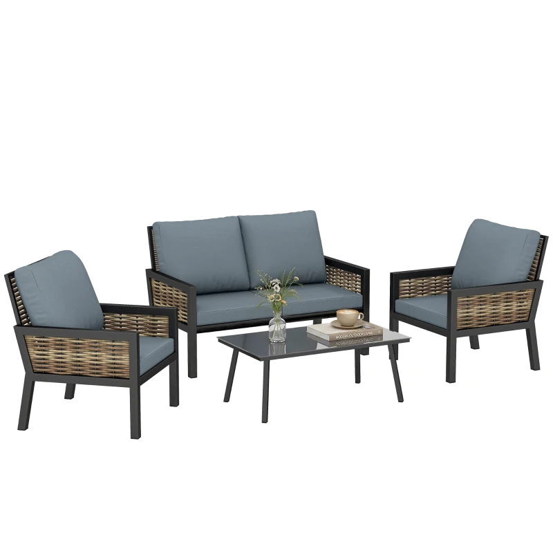 Outsunny 4 Seater Rattan Garden Furniture Set with 2 Armchairs, Loveseat, Coffee Table, Garden Sofa Set with Cushions, Grey