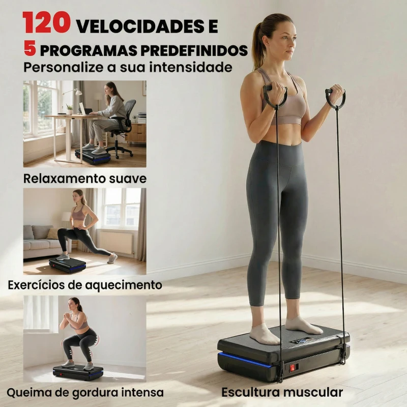 SPORTNOW Plataforma Vibratória com 120 Velocidades 5 Programas Ecrã LED Luz Controlo Remoto e 2 Bandas Elásticas 48x32x13 cm Preto