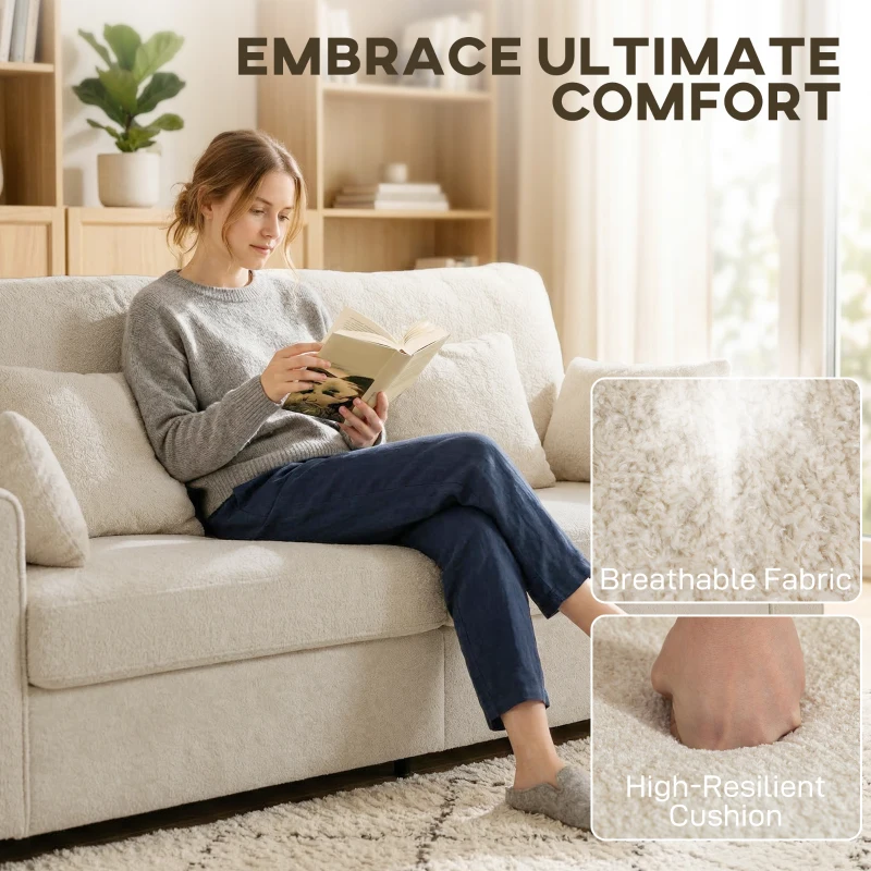 HOMCOM Beżowa Sofa 3-osobowa z Tkaniną o Strukturze Weluru, Głębokim Siedziskiem, Poduszkami z Pianki, Szerokimi Podłokietnikami i 4 Poduszkami