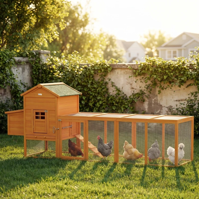 PawHut Poulailler en bois poulailler pour poules extérieur avec pondoir bac amovible en bois massif 297,5 x 68 x 118 cm orange