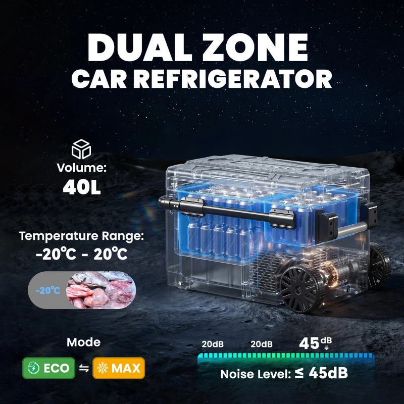 Outsunny 40L Compressor Car Fridge Freezer, Dual Zone Camping Refrigerator with App Control, Telescopic Handle, -20℃-20℃