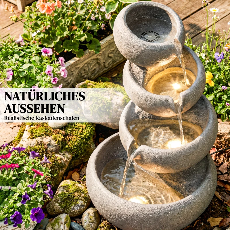 Outsunny Springbrunnen Outdoor aus Kunstharz 4-stufig Gartenbrunnen mit LED Beleuchtung Pumpe Steinoptik 35 x 32 x 50 cm