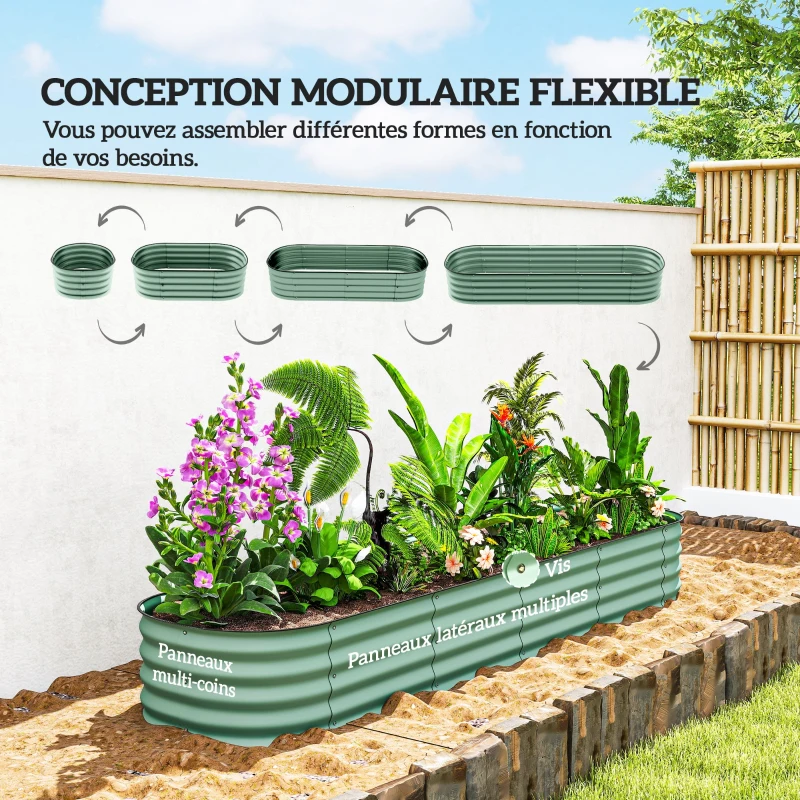 Outsunny Jardinière surélevée carré potager de jardin en acier modulable pour légumes, plantes, fleurs, dim. 240 x 62 x 30cm