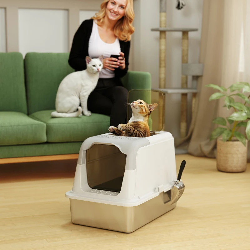 PawHut Maison de toilette pour chat bac à litière fermé bac acier inoxydable, nettoyage facile, 60,4 x 40,4 x 41,8 cm, blanc