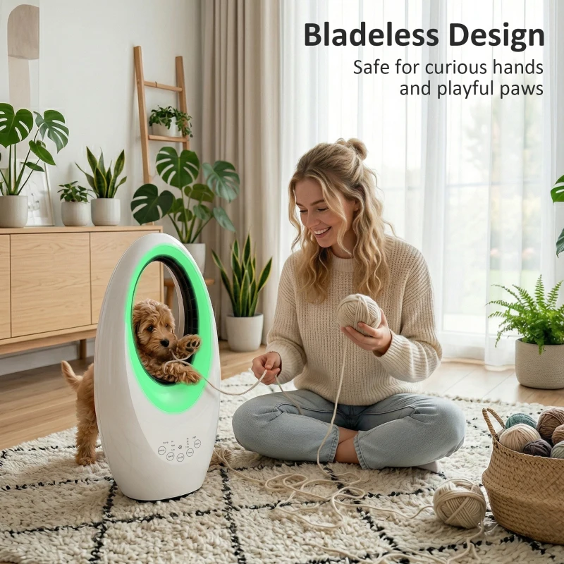 HOMCOM Bladeless Tower Fan, 36dB Standing Cooling Fan with 60° Oscillating, LED Lights, 3 Speeds, 7.5H Timer, Remote Control