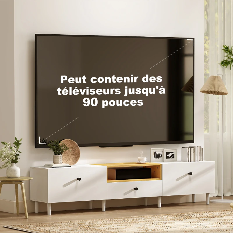 HOMCOM Meuble TV, meuble télé pour téléviseur jusqu'à 90 pouces avec 2 portes rabattables, tiroir, 200 x 35 x 45 cm, blanc