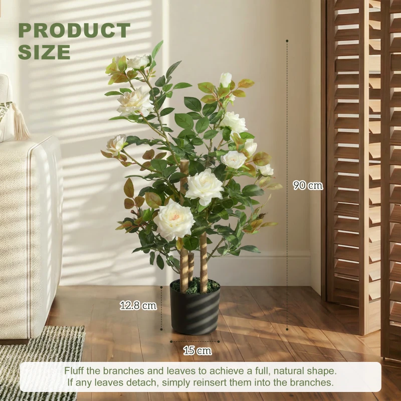 HOMCOM 90cm Artificial Rose Tree, Decorative Fake Plant with 344 Silk Leaves 17 Flowers for Outdoor Indoor Decor, White