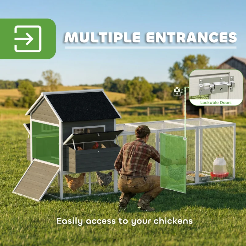 PawHut Drewniany Kurnik z Wybiegiem, Gniazdami i Asfaltowym Dachem, Wysuwana Taca, Dla 8-10 Kur, 347x160x150 cm, Ciemnoszary