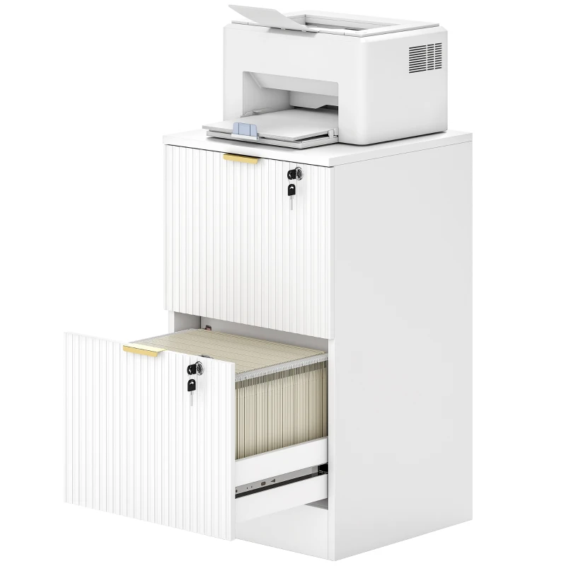 HOMCOM Filing Cabinet, Fluted Vertical File Cabinet with 2 Lockable Drawers and Hanging Rails, White