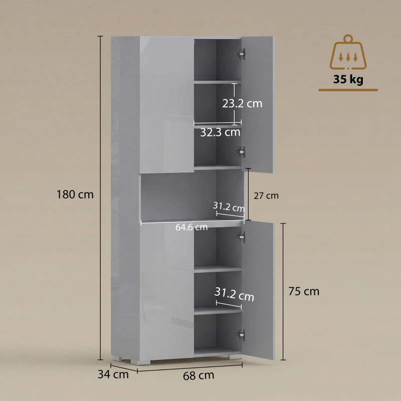 HOMCOM 180 cm Tall Kitchen Cupboard, Pantry Storage Cabinet with Soft Close Doors and Adjustable Shelves, High Gloss Grey