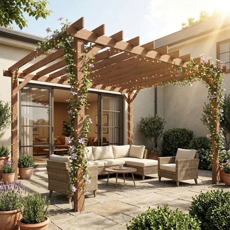 Outsunny 3.6 x 3 m Wooden Pergola Kit, Garden Pergola Gazebo Grape Trellis with Triangle Supports, Maple Wood-effect