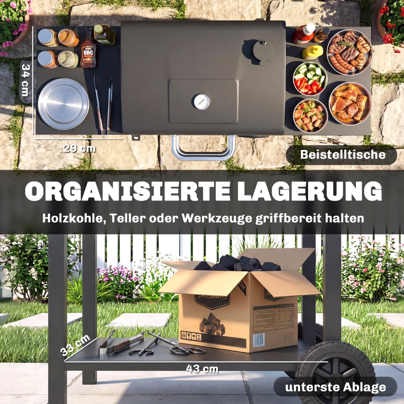 Outsunny Holzkohlegrill mit Deckel, BBQ Smoker Grill mit 2 Seitentischen Große Grillfläche Grillrost Thermometer Räder