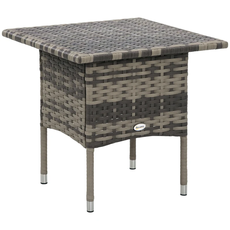 Outsunny Rattan Side Table, Outdoor Coffee Table with Plastic Board Under the Full Woven Table Top for Patio, Garden, Balcony, Mixed Grey