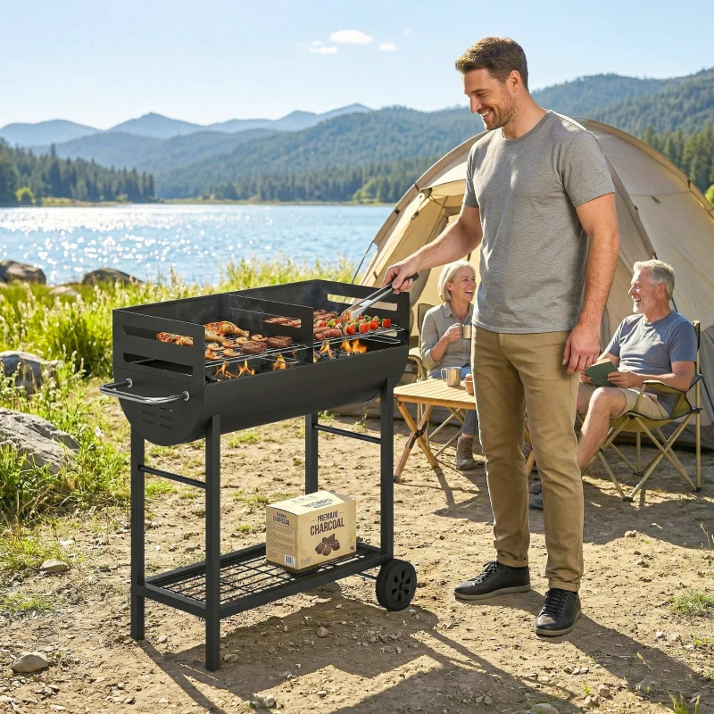 Outsunny Grătar pe cărbune cărucior cu 2 zone de gătit grilă reglabilă pe înălțime raft pentru lemne roți mâner lateral, 103 x 46,5 x 100cm