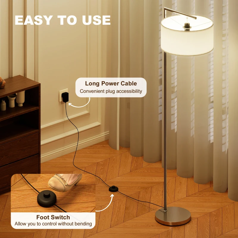 HOMCOM Floor Lamp, Modern Standing Lamp with Linen Lampshade, Round Base for Living Room, Bedroom, Dining Room, 153cm, Silver Tone