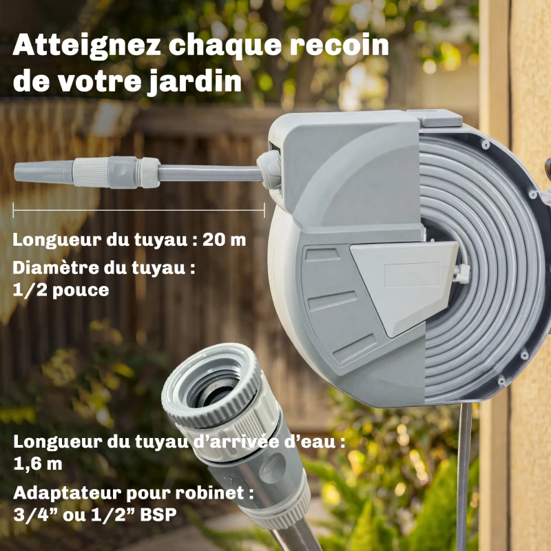 Outsunny Enrouleur Tuyau Arrosage Mural 20+1,6m x Ø 15mm, Dévidoir de Tuyaux d'Eau Rétractable Automatique Pivotant à 180°, Gris